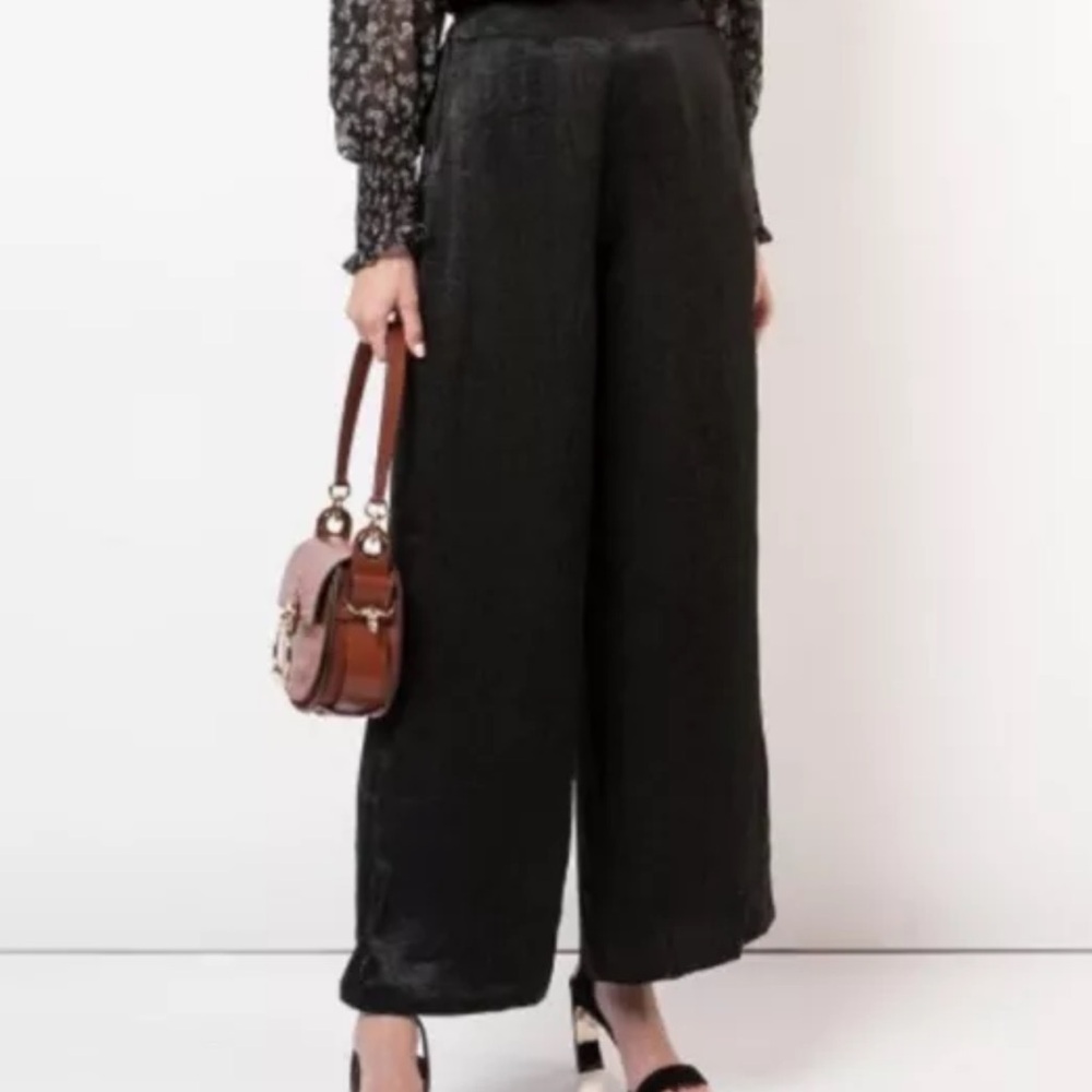 MISA Black Satin High Rise Wide Leg Enzo Pants Pockets XS